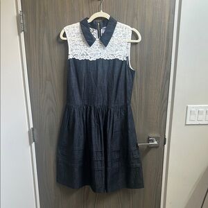 Dark Chambray Collared Dress with Lace Top